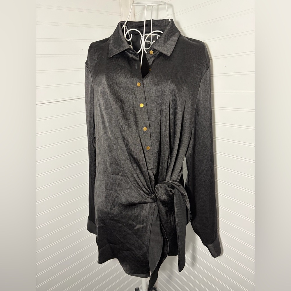 Donna Karan Black Button-Up Shirt with Gold Button Accents - Picture 2 of 7